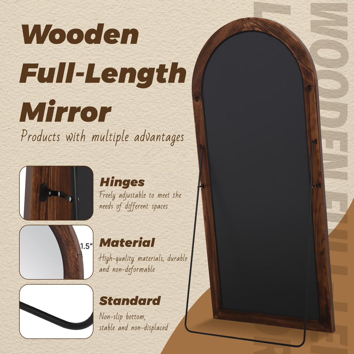 Antok Full Length Mirror with Solid Wood Frame, 76"×34" Wall Mounted Oversized Floor Mirror with Stand, Leaning Standing Hanging for Bedroom Living Room Entryway, Walnut, Arched Syle