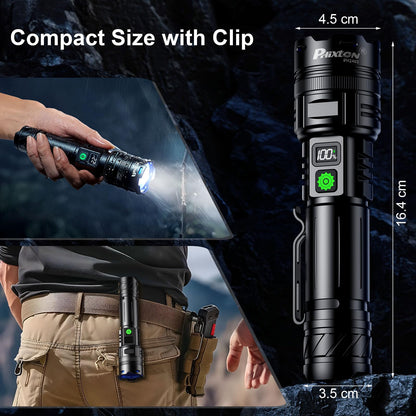 PHIXTON Rechargeable Torch LED Super Bright 1000000 Lumens Single One Mode, Long Distance 1000 Meters Powerful Flashlight Zoomable, Long Lasting 10H Strong Touch, USB C Input Output & Digital Display