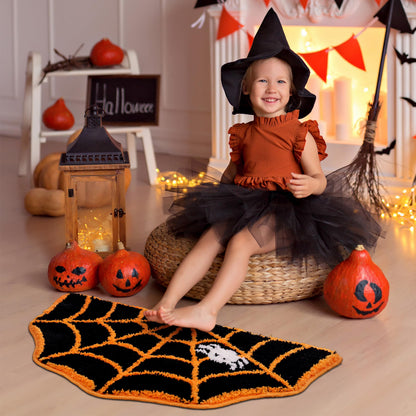 TRUEDAYS Halloween Decor Spider Web Bath Mat for Bathroom, Cute Orange Halloween Decoration Black Half Circle Bath Mat Non Slip Cartoon Shaped Bath Rug Bathroom Mat Plush Shower Rugs Washable