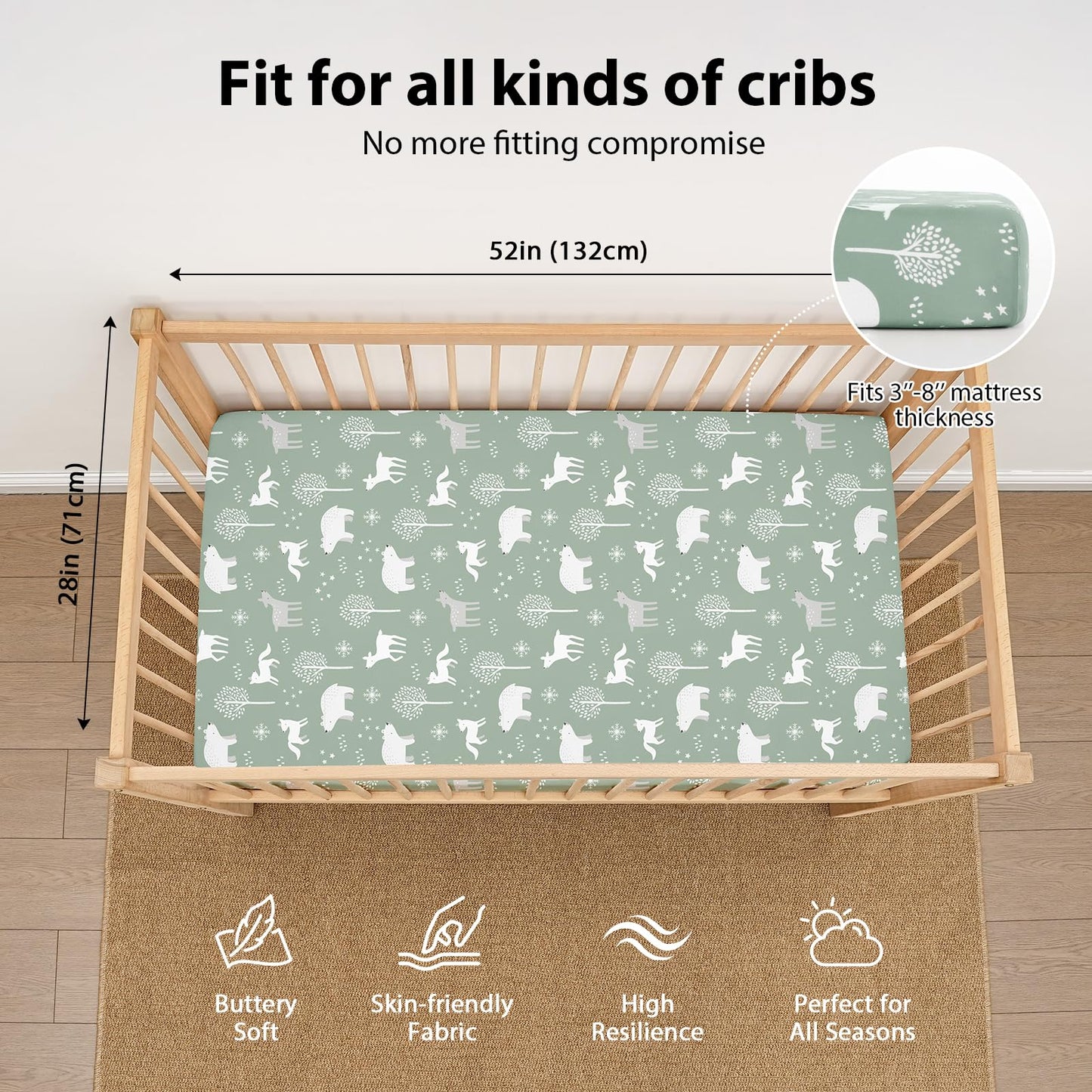 FIEMOL Baby Crib Sheets for Boys and Girls, 3 Pack Fitted Crib Sheets Neutral for 52”x28” Standard Crib and Toddler Mattresses, Ultra Soft & Silky Smooth Microfiber Green Forest Bear
