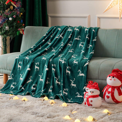 FY FIBER HOUSE Christmas Home Decor Flannel Fleece Throw Blanket for Couch Sofa with Reindeer Print，50"X60", Green