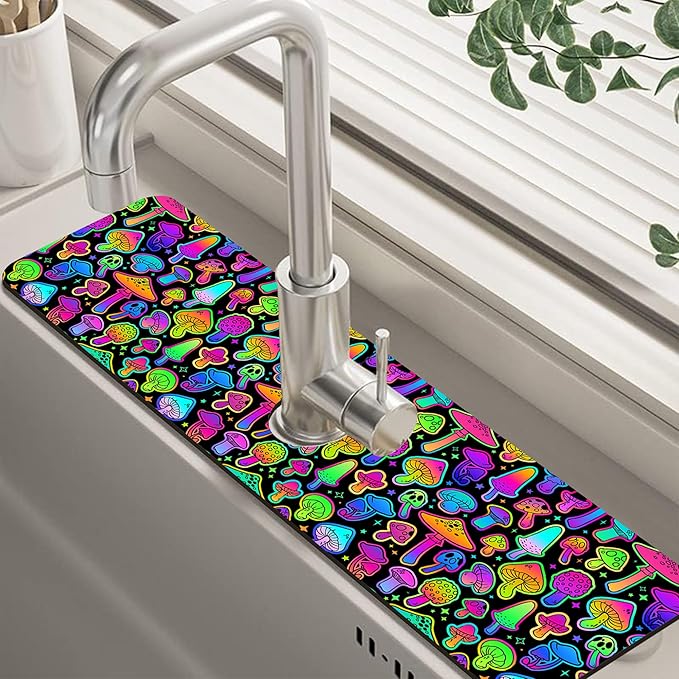 Bright Psychedelic Mushroom Kitchen Sink Splash Guard Mat Absorbent Fast Drying