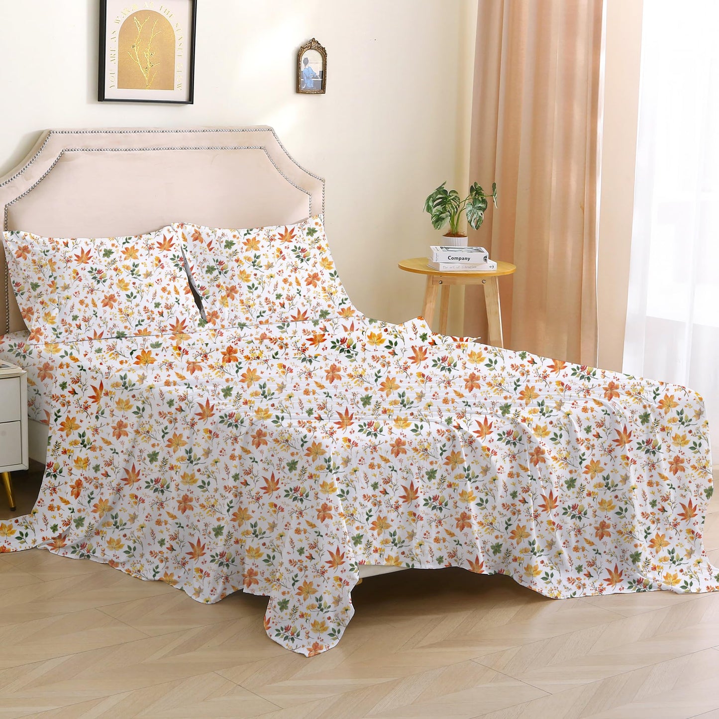 Viviland Floral Twin Sheet Set - 3 Piece Vintage Orange Maple Leaves Patterned Bed Sheets - Soft, Breathable Microfiber Sheets with Deep Pocket, Non-Slip Fitted Sheets & Pillowcases