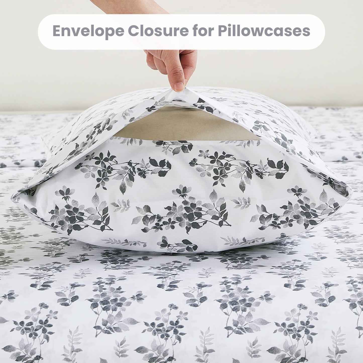 Mooreeke Cozy Vintage Microfiber Printed Twin Sheet Set - Soft Breathable Floral Bed Sheets with Deep Pocket - Non-Slip Fitted Design - Gradient Grey Small Flowers Pattern