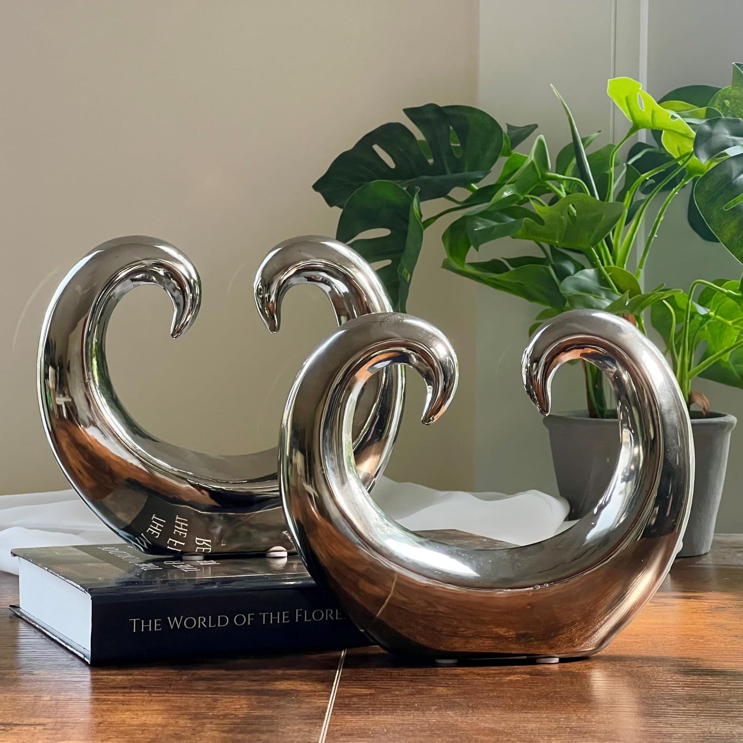 WHW Whole House Worlds Eternity Double Curled Wave Sculpture, Set of 2, Modern Art, Silver Titanium Glazed Ceramic Stoneware, 8 1/4 Inches, Abstract Table Top Accent