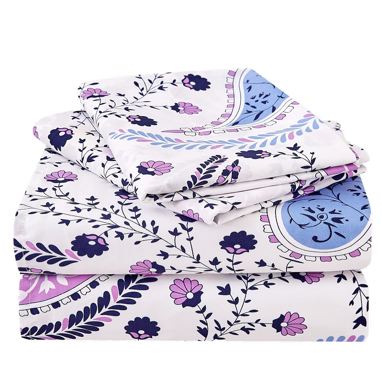 JSD Paisley Floral Printed Sheet Set King Size, 4 Piece Soft Pattern Microfiber Sheets Extra Deep Pocket