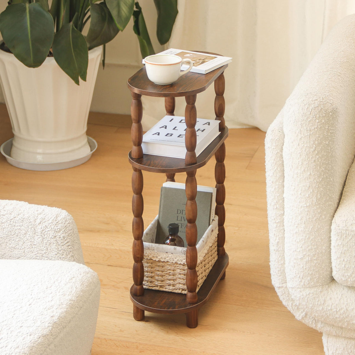 MaxSmeo Small Narrow Side Table, 3-Tier Narrow End Table with Storage, Skinny Side Table Nightstand for Small Space, Bedrooms, Living Room (Rustic Brown)