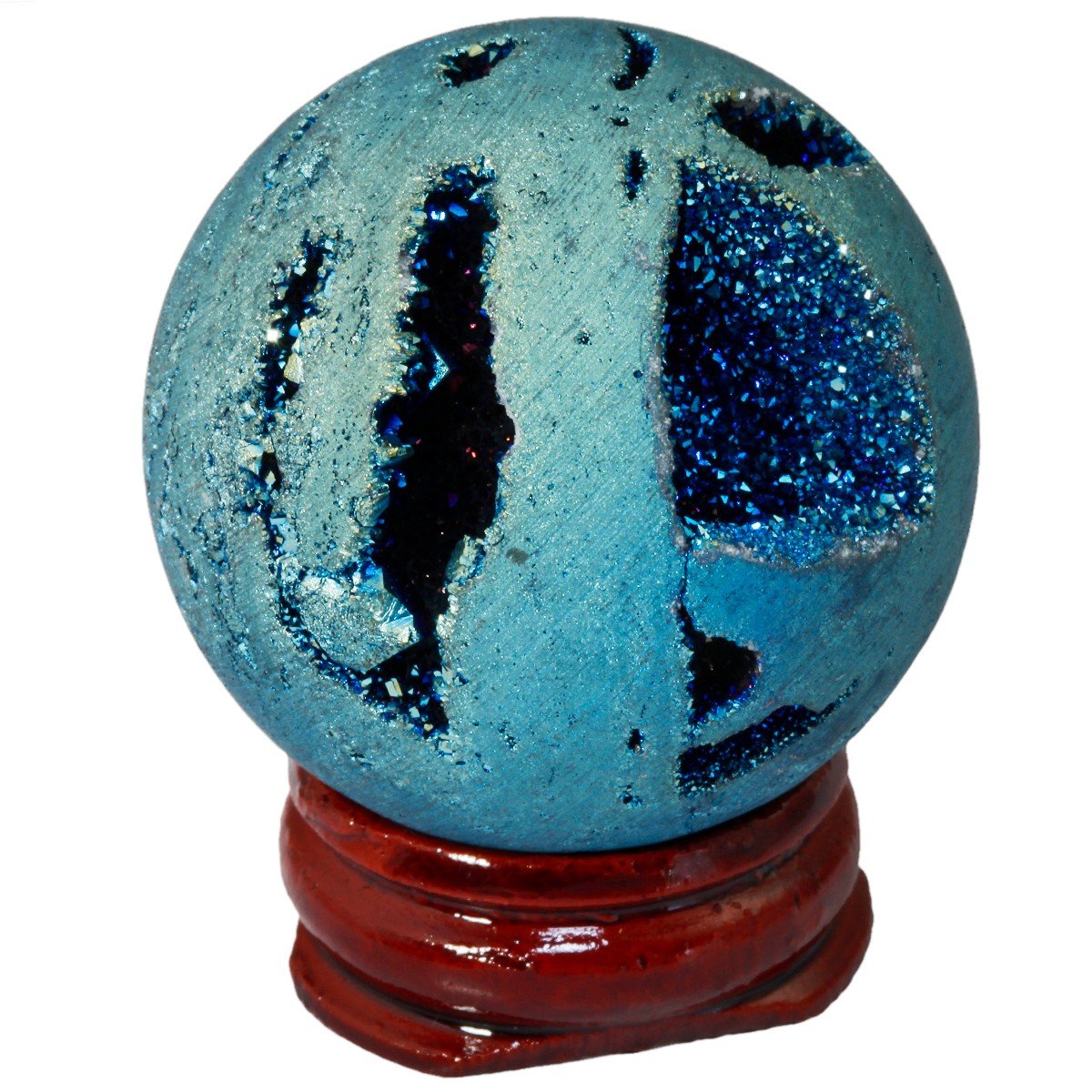 mookaitedecor Druzy Agate Geode Specimen, Blue Titanium Coated Quartz Crystal Sphere Ball Figurines with Wood Stand