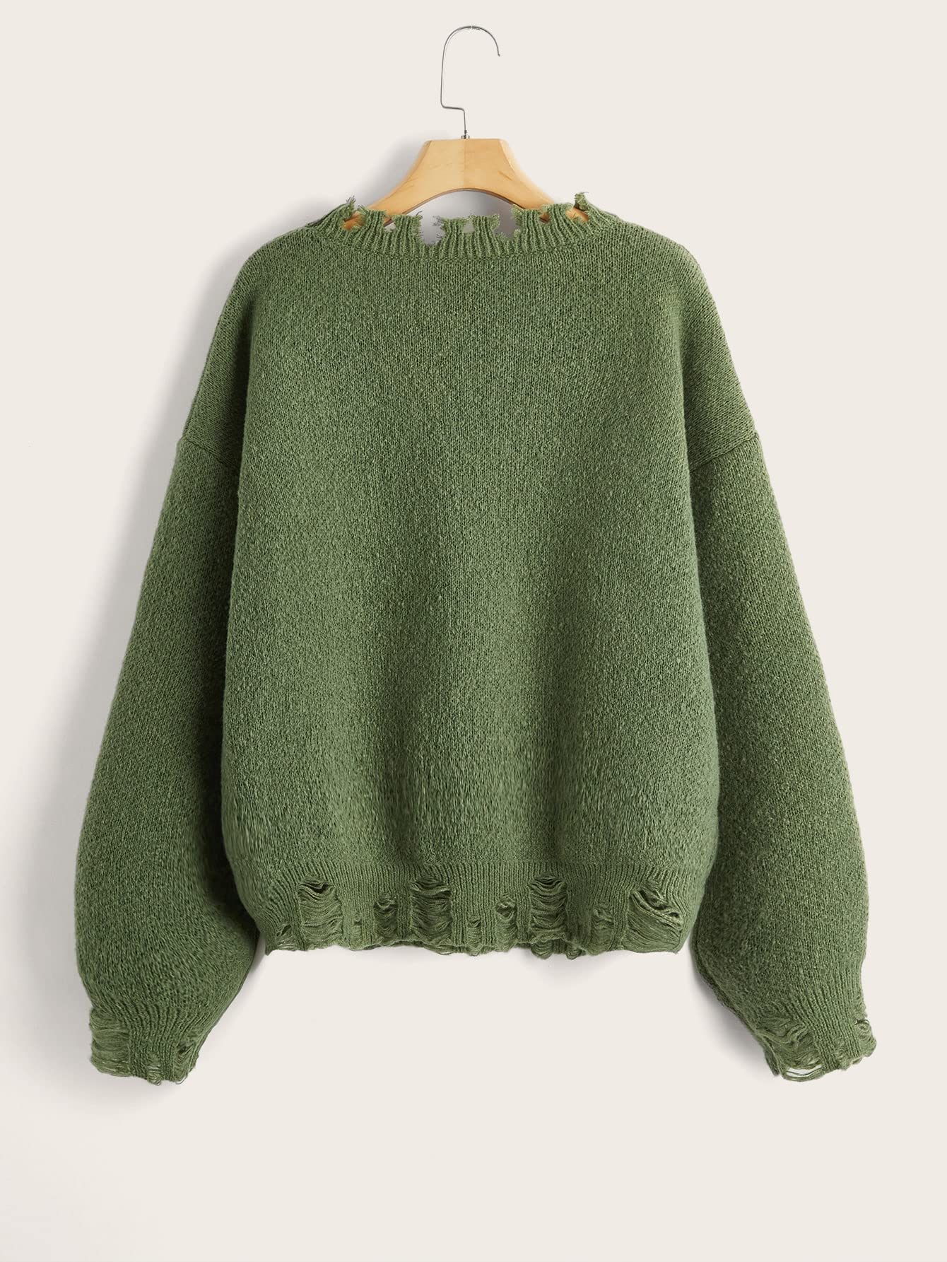 SHENHE Women's Oversized Skeleton Pattern Ripped Round Neck Sweater Pullover Green M