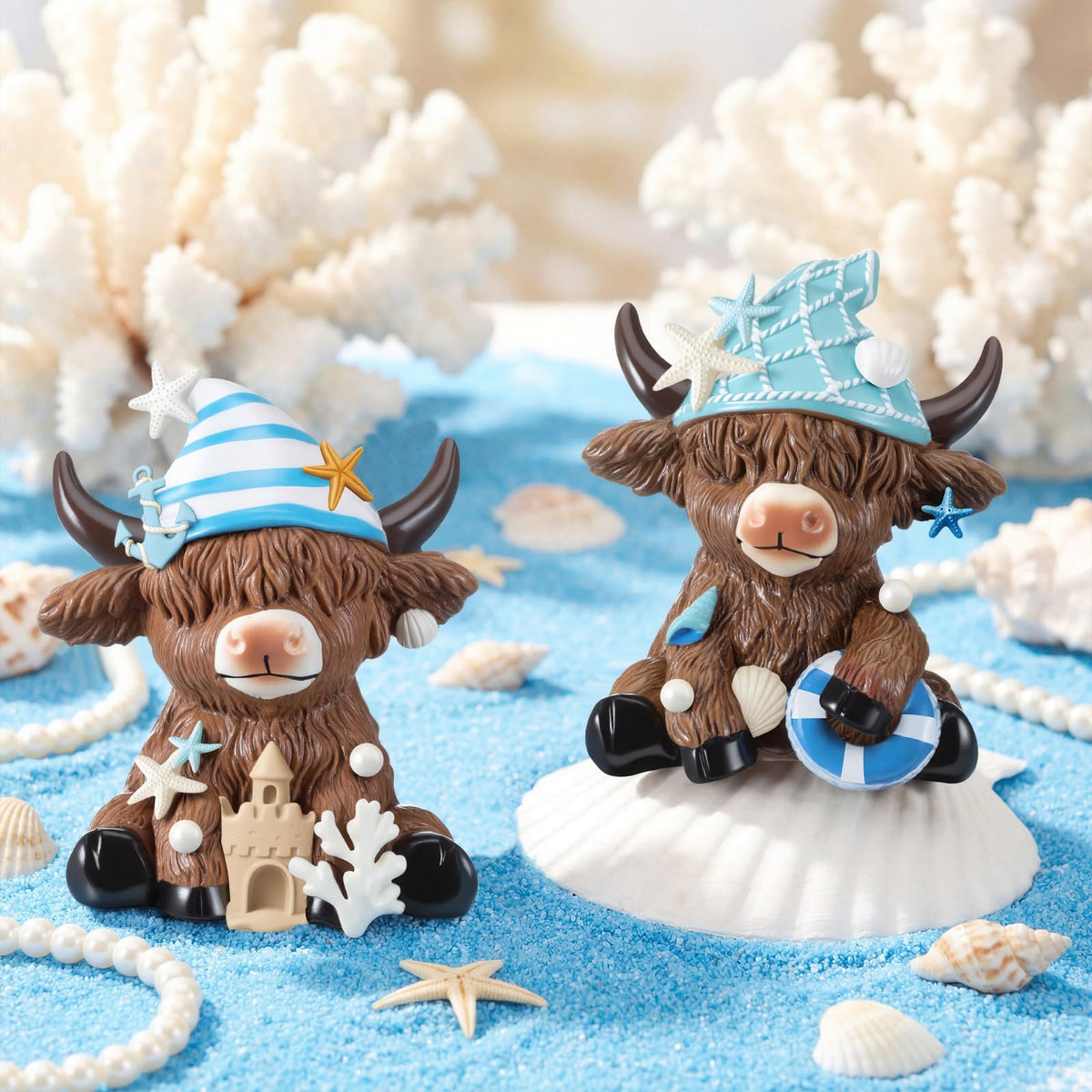 Karenhi 2 Pcs Coastal Farmhouse Home Decor, Summer Ocean Highland Cow Figurines with Anchor, Starfish, Shell and Coral, Nautical Beach Figurines for Home Table Shelf Decoration