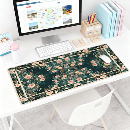 Floral Aesthetic Rose Gaming Mouse Pad, Forest Green Rug Desk Mat with Anti-Slip Base & Stitched Edges,35.4" x 15.7" in Table Mat for Computer Desktop, Beautiful Workstation Decor