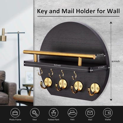 Nekon Key Holder for Wall - 9.8 Inch Apartment Wall Decor with Shelf and 8 Key Hooks, Circular Wood Key Hanger for Home Decor (Black with Golden Hooks)