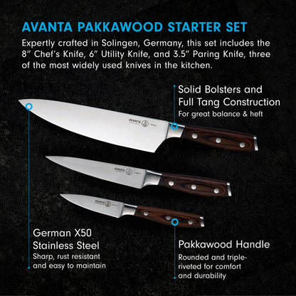 Messermeister Avanta Forged 3-Piece Pakkawood Starter Set - German X50 Stainless Steel - Includes 8” Chef’s Knife, 6” Utility Knife & 3” Paring Knife