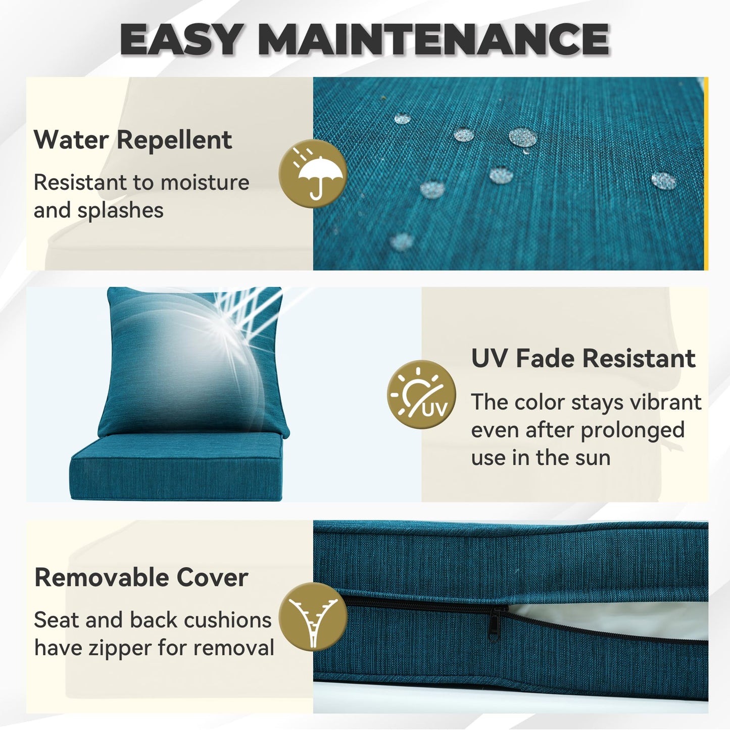 AONETOZ Luxury Outdoor Cushions Set 24 x 22 Inch, 5" Thick Olefin Patio Furniture Cushions, 30D Sponge Filling Fade Waterproof Fade Resistant with Removable Covers and Lumbar Pillow Aspen Malachite