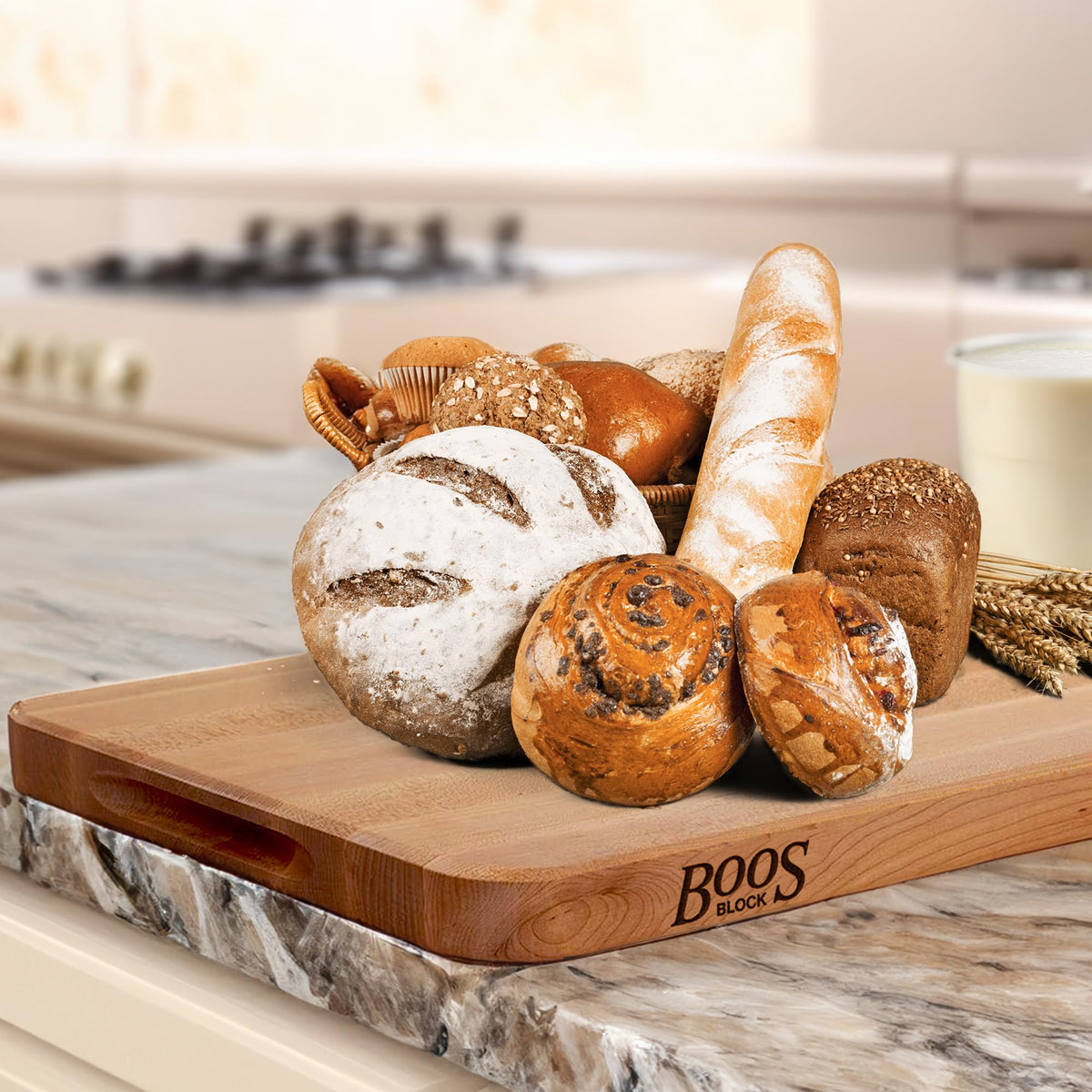 John Boos Chop-N-Slice Series Rectangular Wooden Maple Cutting Board 18”x12” – 1.25” Thick, 8-lb Reversible Butcher Block with Eased Corners, Edge-Grain & Finger Grips – Made in the USA