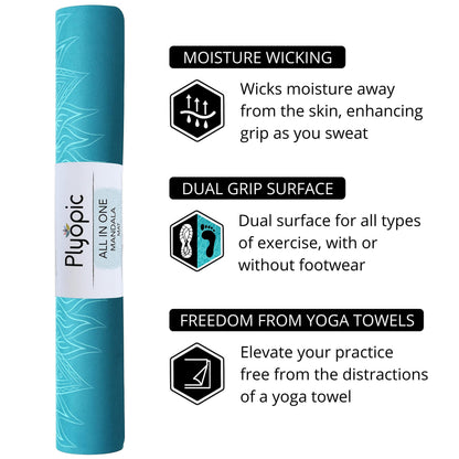 Plyopic. All In One Yoga Mat | Luxury Sweat-Grip Mat/Towel Combo | Ideal for Yoga, Hot Yoga, Bikram, Pilates, Workout & Exercise | Eco-Friendly Natural Rubber