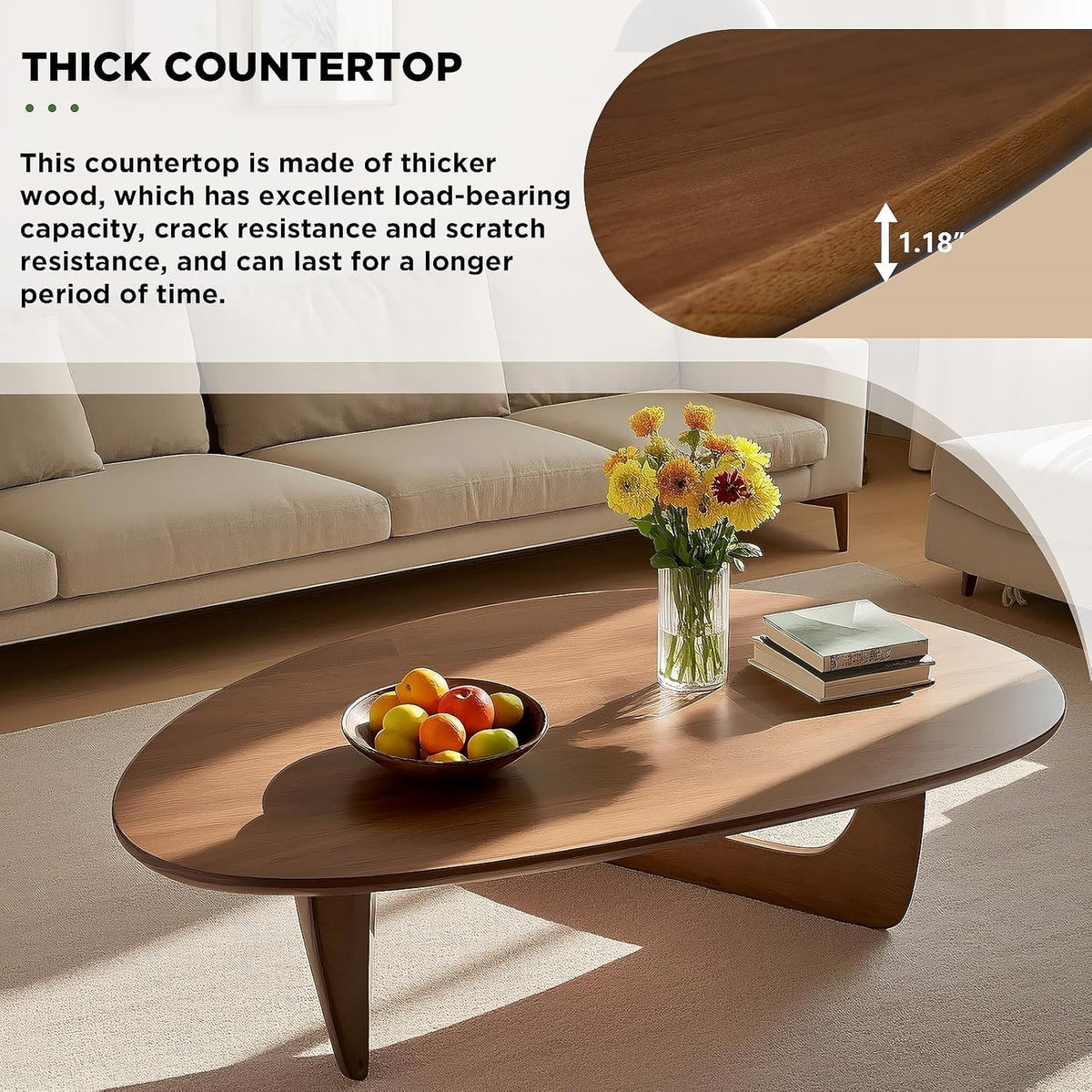 Solid Wood Triangle Coffee Table,Unique Mid Century Modern Oval Coffee Table,Irregular Geometric Tea Tables for Home Living Room with Wooden Tabletop and Reinforced Legs Walnut 35" L x 24" W x 16" H