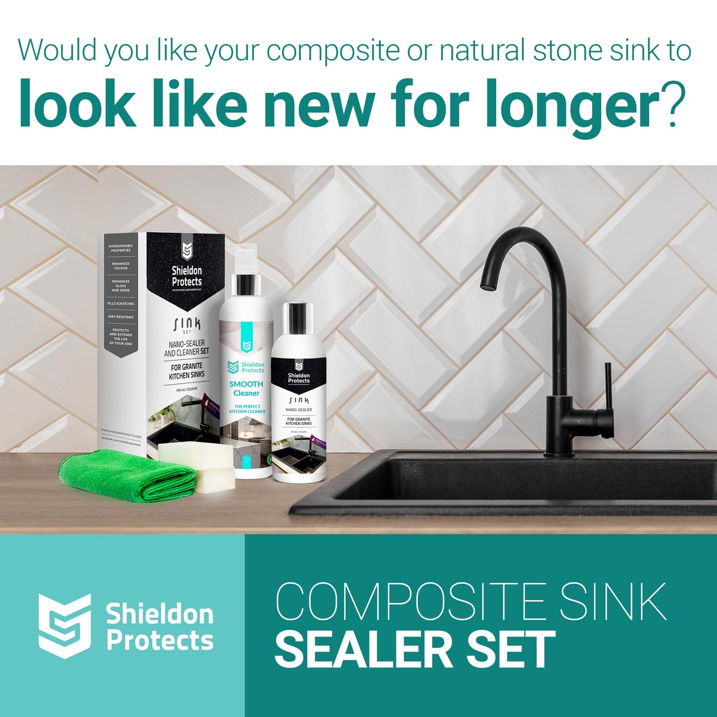 Composite Sink Sealer Set by Shieldon Protects for Granite, Quartz, & Composite Kitchen Sink - Waterproof Sealer, Cleaning Spray for All Sink Colours