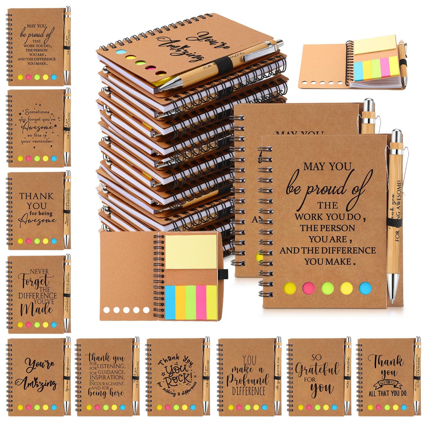 Honoson 10 Set Employee Appreciation Gifts Bulk Inspirational Notebook with Sticky Note and Bamboo Pen Set Thank You Gifts for Coworkers Team Staff Group Office Teacher (Kraft)