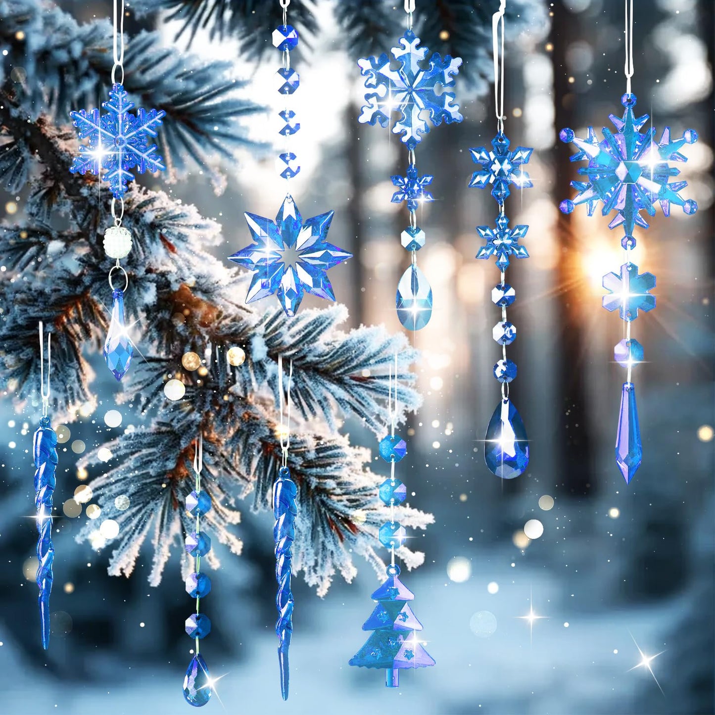 Lanpn 22pcs Christmas Ornaments Crystal Christmas Tree Decoration, Hanging Clear Acrylic Snowflake Icicle Drop Crystal Pendants for Xmas Tree Winter New Year Outdoor Indoor Party Decoration (Blue)