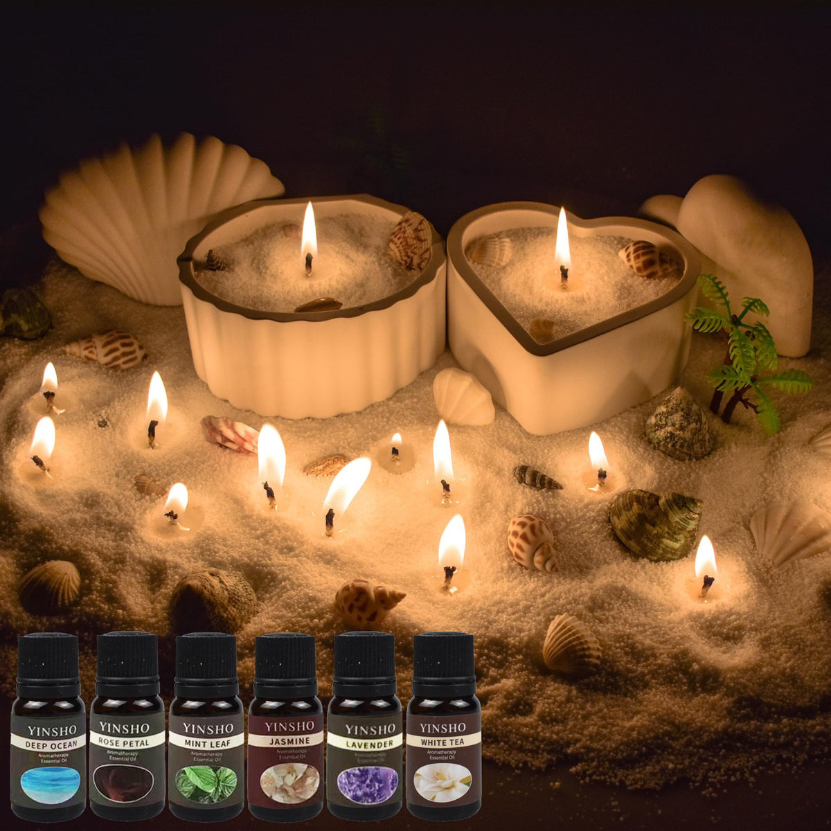 Pansyling 35oz Pearled Candle Wax Sand Crafting Set for Beginner,All-in-One Scented Candle Making Kits with 6 Essential Oils,2 Plaster Containers,50 Wicks & Seashells,DIY Powder Candles(White)