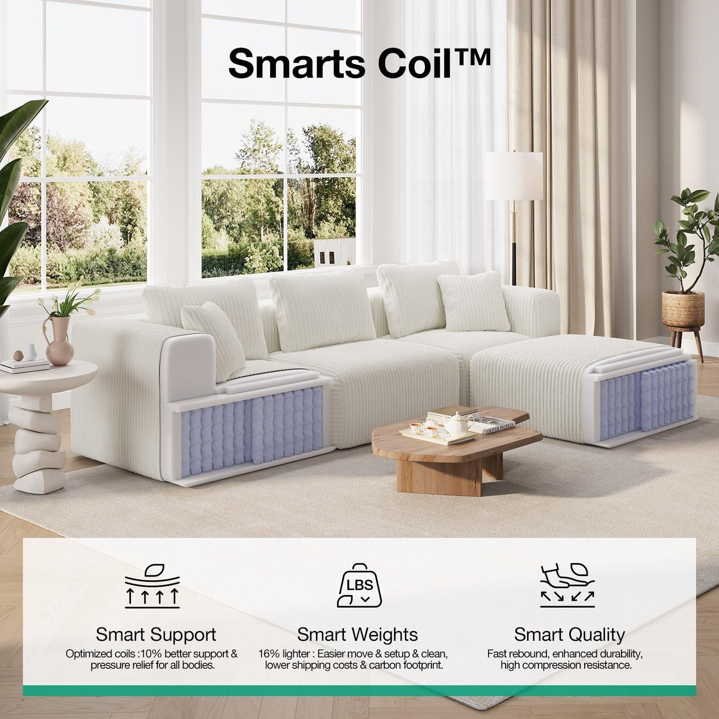 Novilla 141" Modular Sectional Sofa, Modern Cloud Sectional Couch with Smarts Coil® Support, U-Shape Boneless Couch for Living Room Apartments, No Assembly Required, Beige (4 Seat w/ 2 Ottoman)
