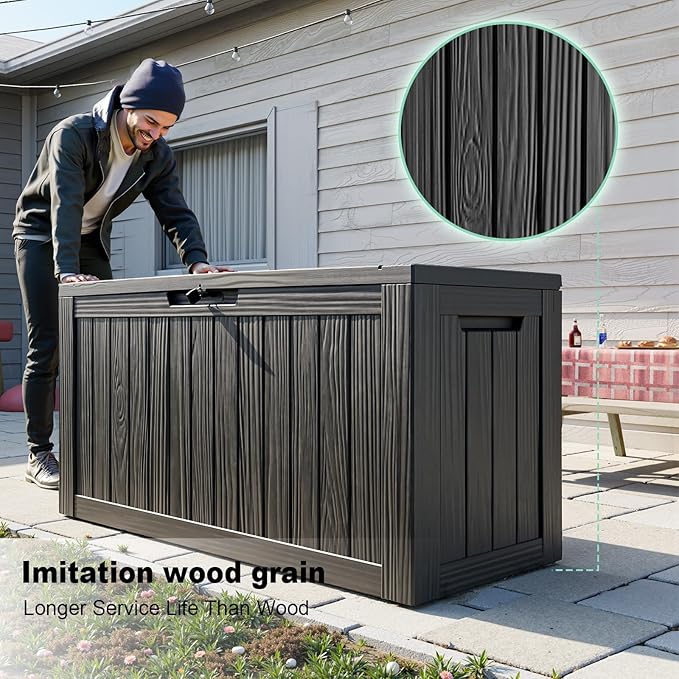90 Gallon Waterproof Resin Deck Box, UV Resistant Outdoor Storage for Garden, Patio, Porch, Delivery（Black，90 Gallon）