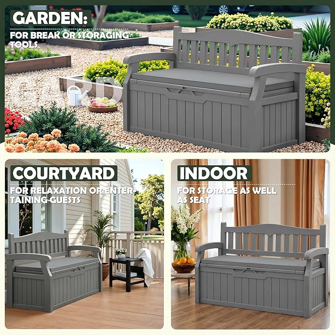 Flamaker 80 Gallon Storage Bench with Cushions Outdoor Indoor, Durable All-Weather Seating with Hidden Storage, Lockable Deck Box for Garden, Patio, Poolside (Grey)