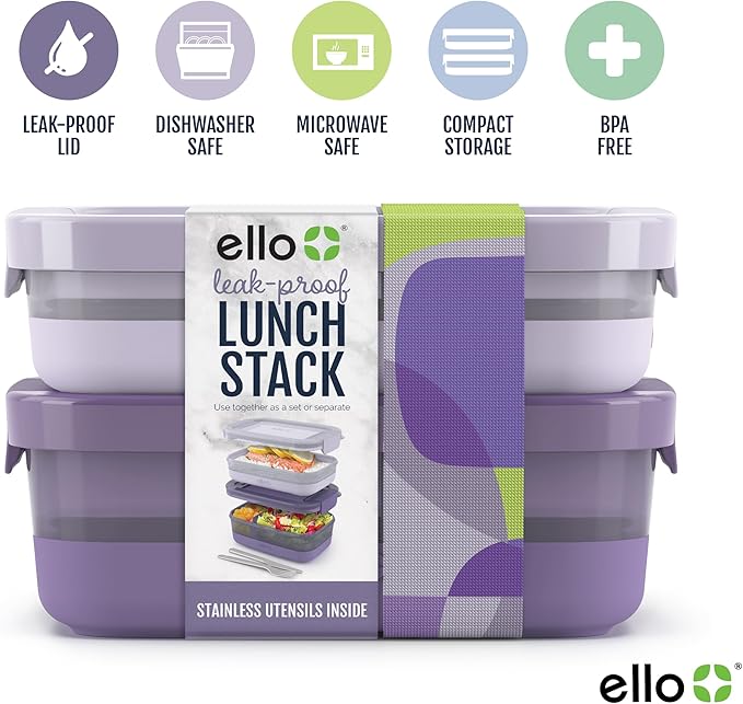 Ello 2-Pack Bento Box Lunch Stack Plastic Food Storage Container | Leak-Proof