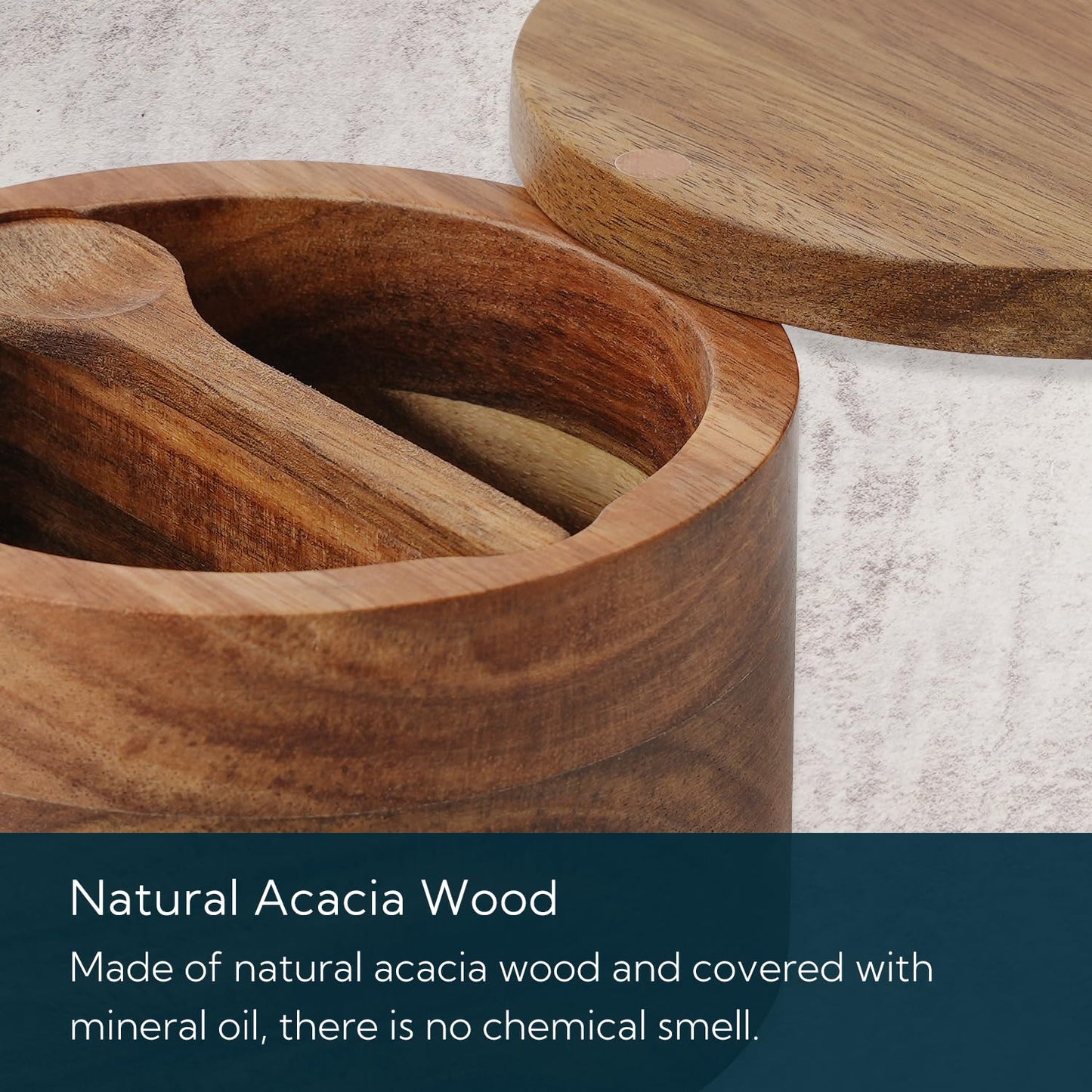 KITCHENDAO Acacia Wood Salt and Pepper Bowl Box, Built-in Spoon, Two Compartments Spice Seasoning Container, Sea Salt Cellar Holder, Magnetic Swivel Lid, Dual 5oz Capacity