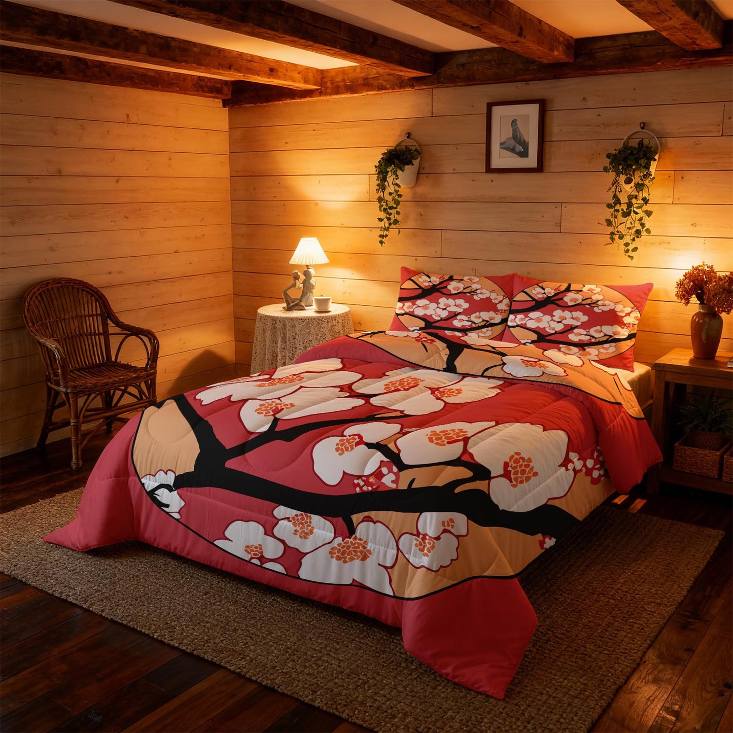 ZDABAOEC Japanese Cherry Blossom Twin Comforter Set 2 Piece, 1 Pillow Sham, Oriental Asian Japan Style Reversible Down Alternative All Season Bedding, Soft Microfiber, Japanese Bedroom Decor