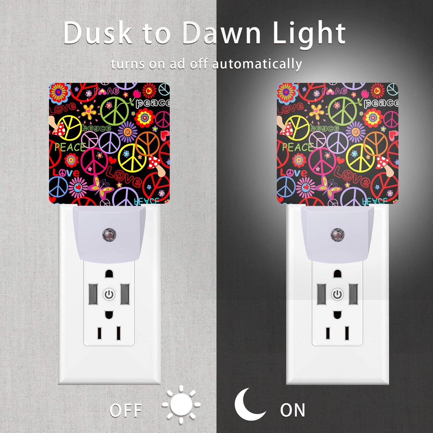 Oeaskly Hippie Peace Flowers Night Light,Hippies Plug-in Night Lights with Dusk-to-Dawn Sensor for Bedroom, Bathroom and Living Room 0.5W Sleep Friendly lamp for for Girlfriend/Boyfriend Gift