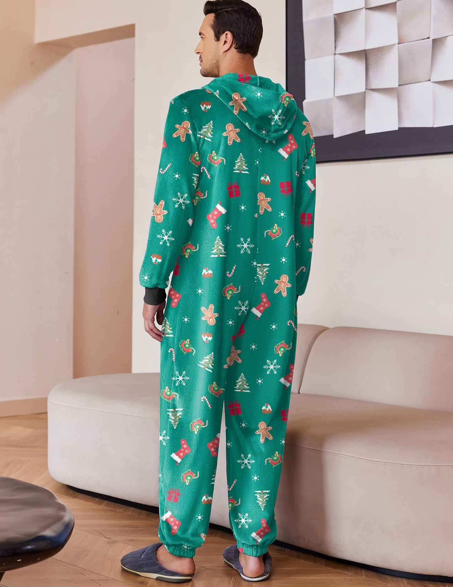 Ekouaer Mens Onesie Christmas Hoodie Fleece One Piece Pajamas Zipper Up Flannel Adult Pjs S-XXL Green Snowflake M