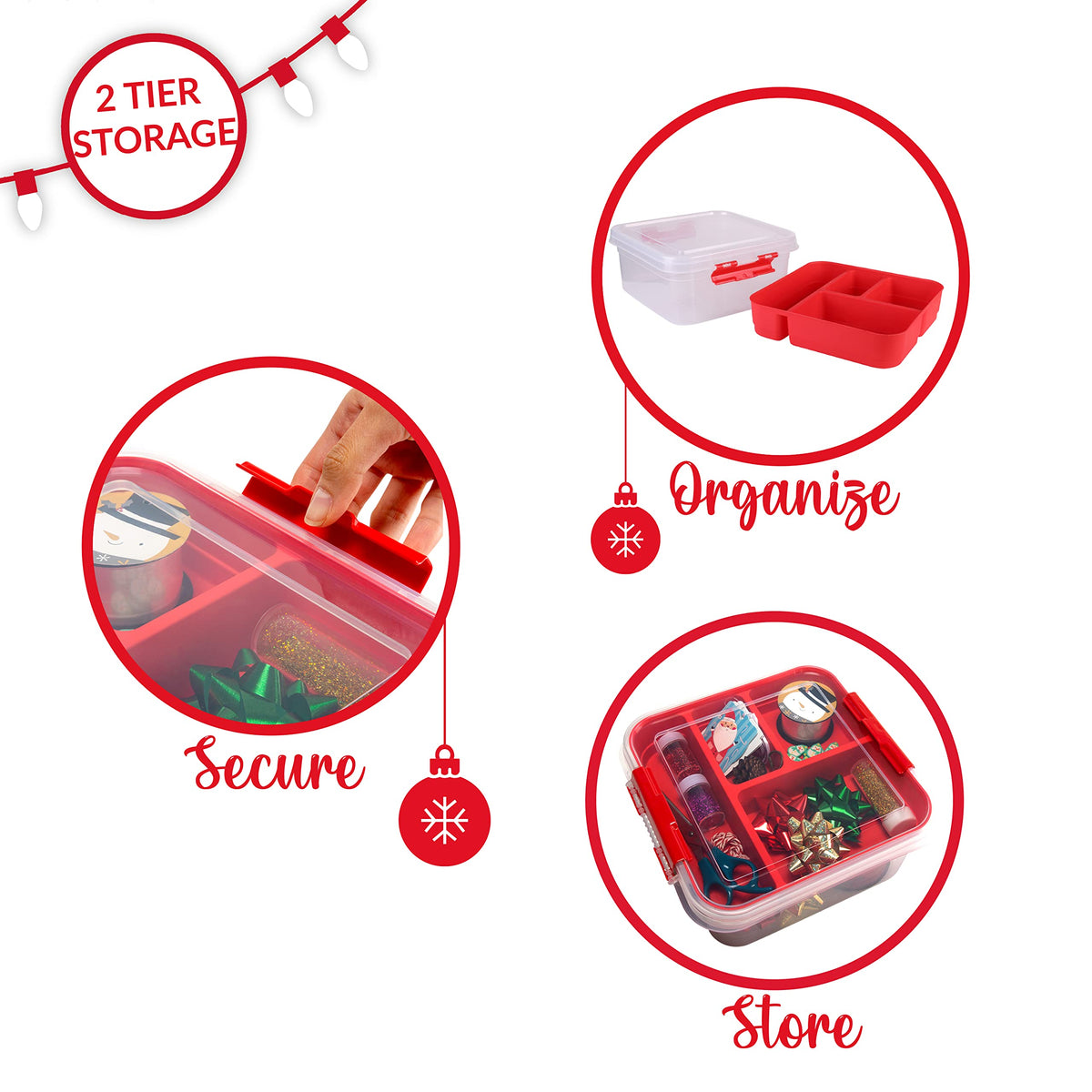 Simplify 5 Compartment Gift Supply Storage Box | 2 Tier Box | Red | Clear Top Lid | Dimensions: 9.5"x 9.5"x 4.5" | Snap Handle| Storage | Wrapping Accessories