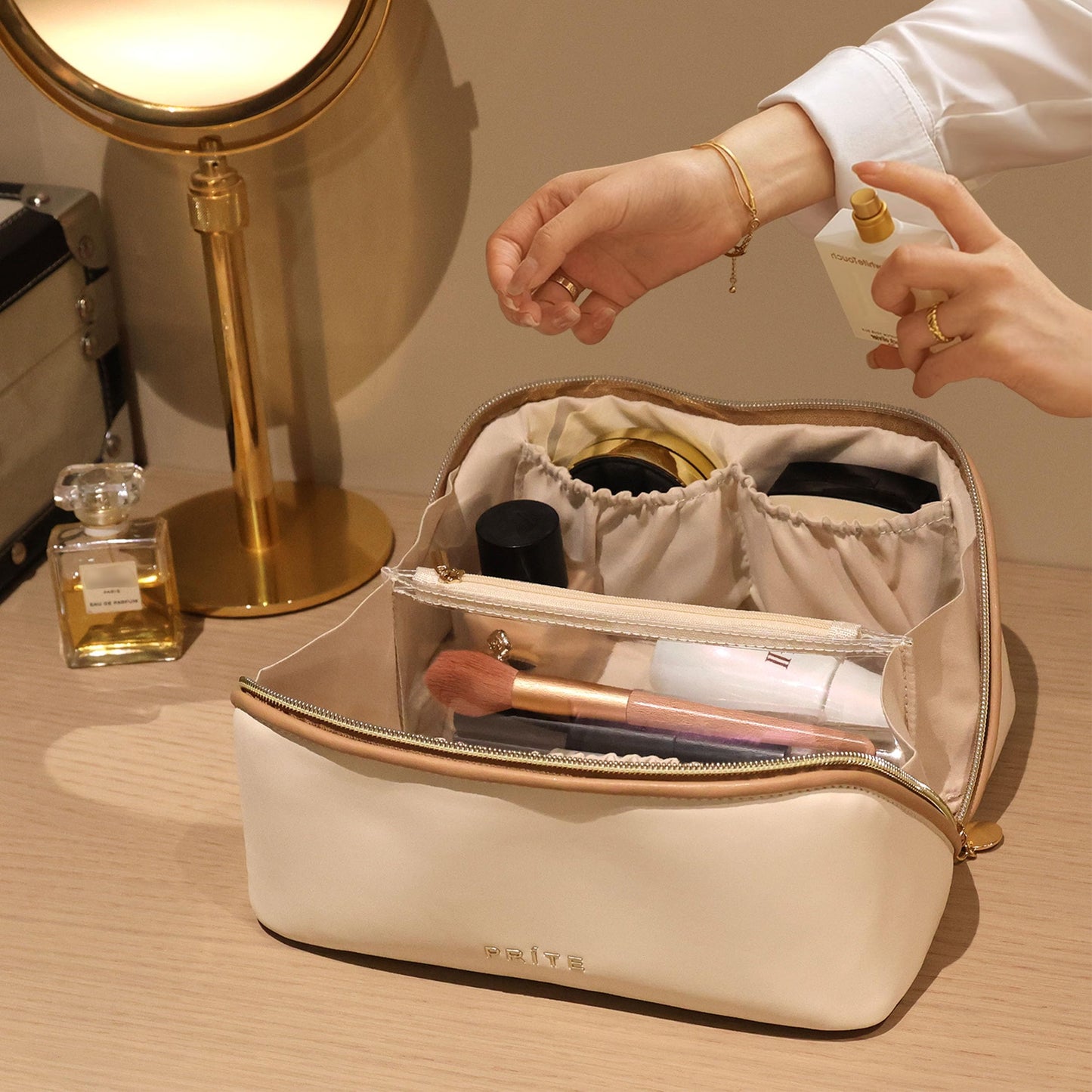 Prite Large Capacity Makeup Bag Portable Travel Cosmetic Bag Waterproof Toiletry Case with Clear Divider and Handle (Beige)