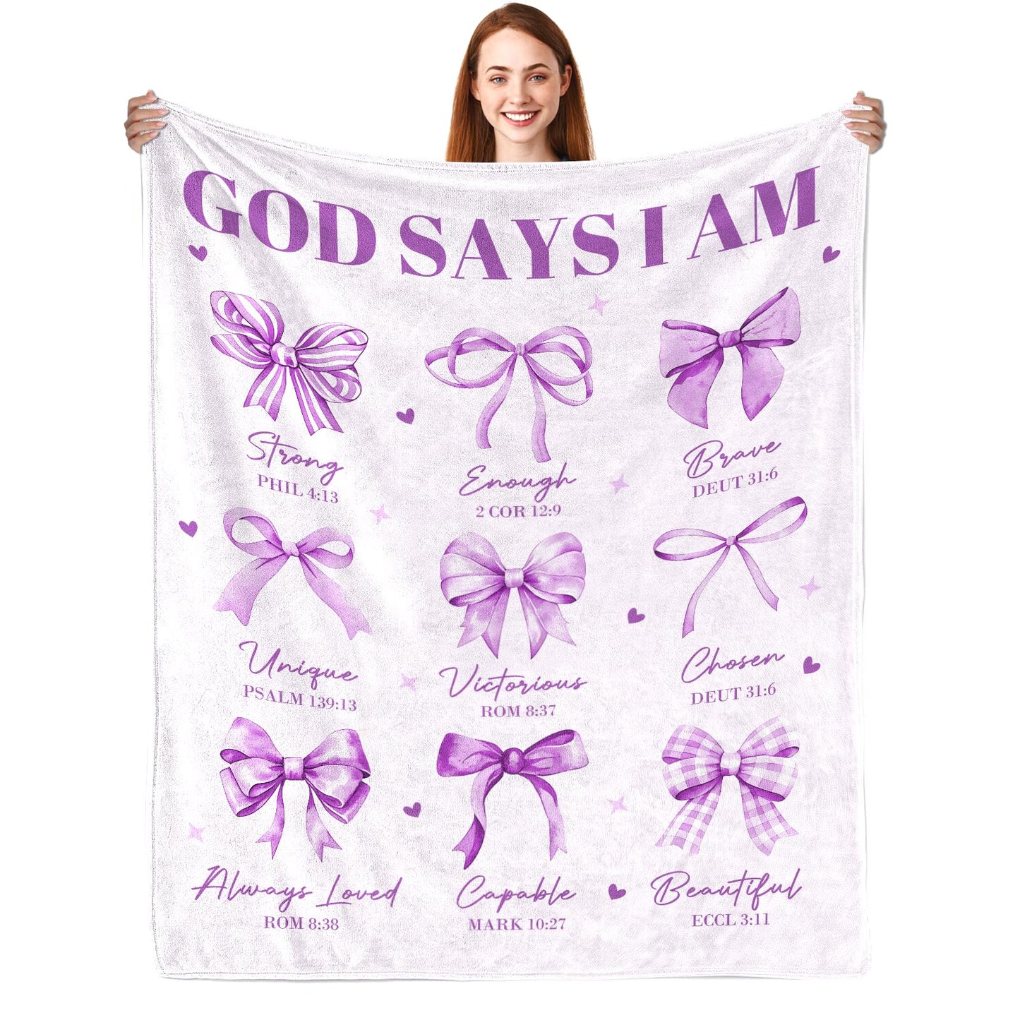 CIUGOIG Christian Gifts for Women - God Says I Am Blanket 50"X60" - Inspirational Religious Birthday Catholic Spiritual Gifts & Baptism Comformation Gifts for Girl Purple Bow Bible Verse Blanket