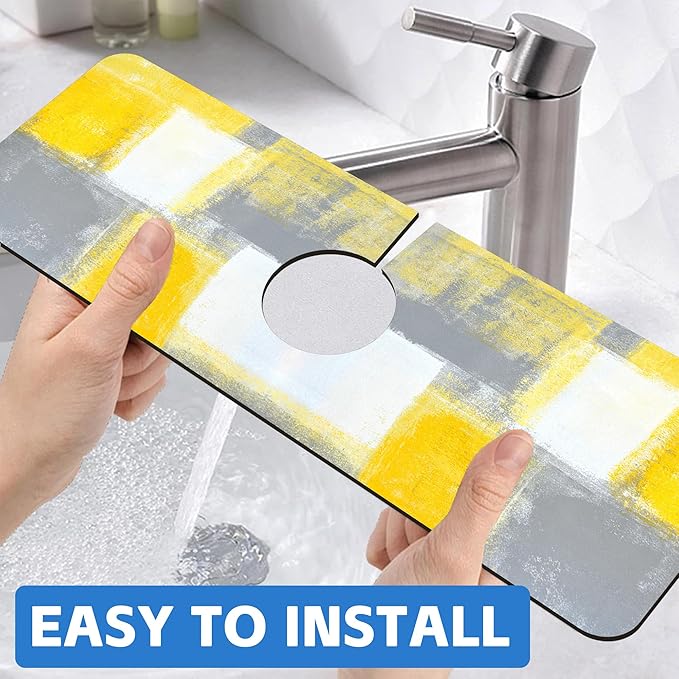 Grey and Yellow Abstract Kitchen Sink Splash Guard Mat Absorbent Fast Drying