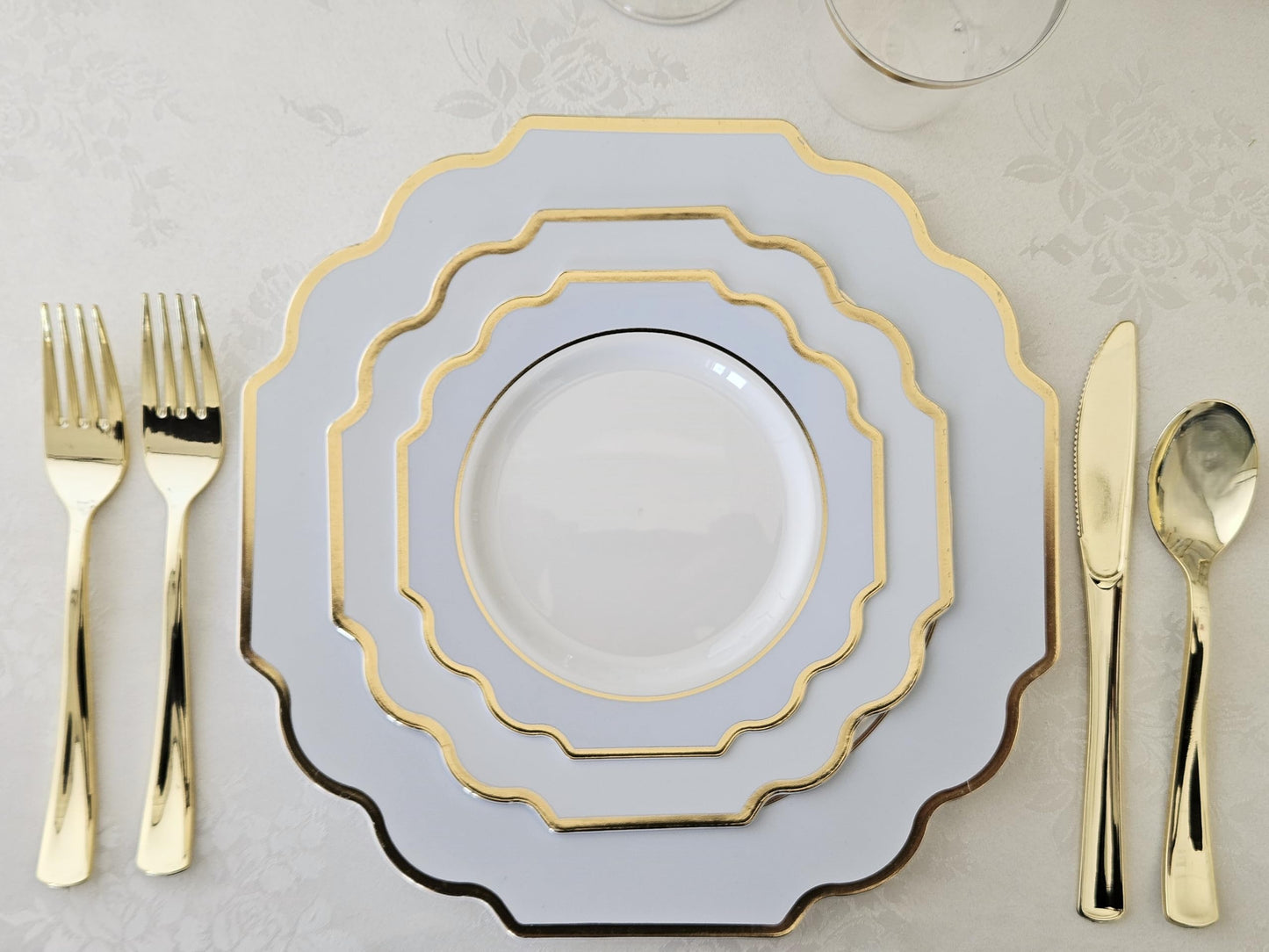 " OCCASIONS " 50 Plates Pack (25 Guests)-Heavyweight Wedding Party Disposable Plastic Plate Set -(25x10.5'' Dinner + 25x8'' Salad/dessert (Imperial in White/Blue & Gold)