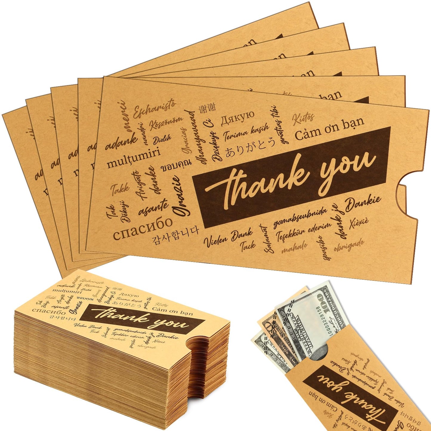 Crtiin 100 Pack Thank You Kraft Money Envelopes for Cash Gifts Gratuity Tip Envelopes Bulk 3.5 x 6.5 Inch Small Coin Mail Seed Packet Holders for Tips Stamps Key Cards Wage Currency Christmas Birthday