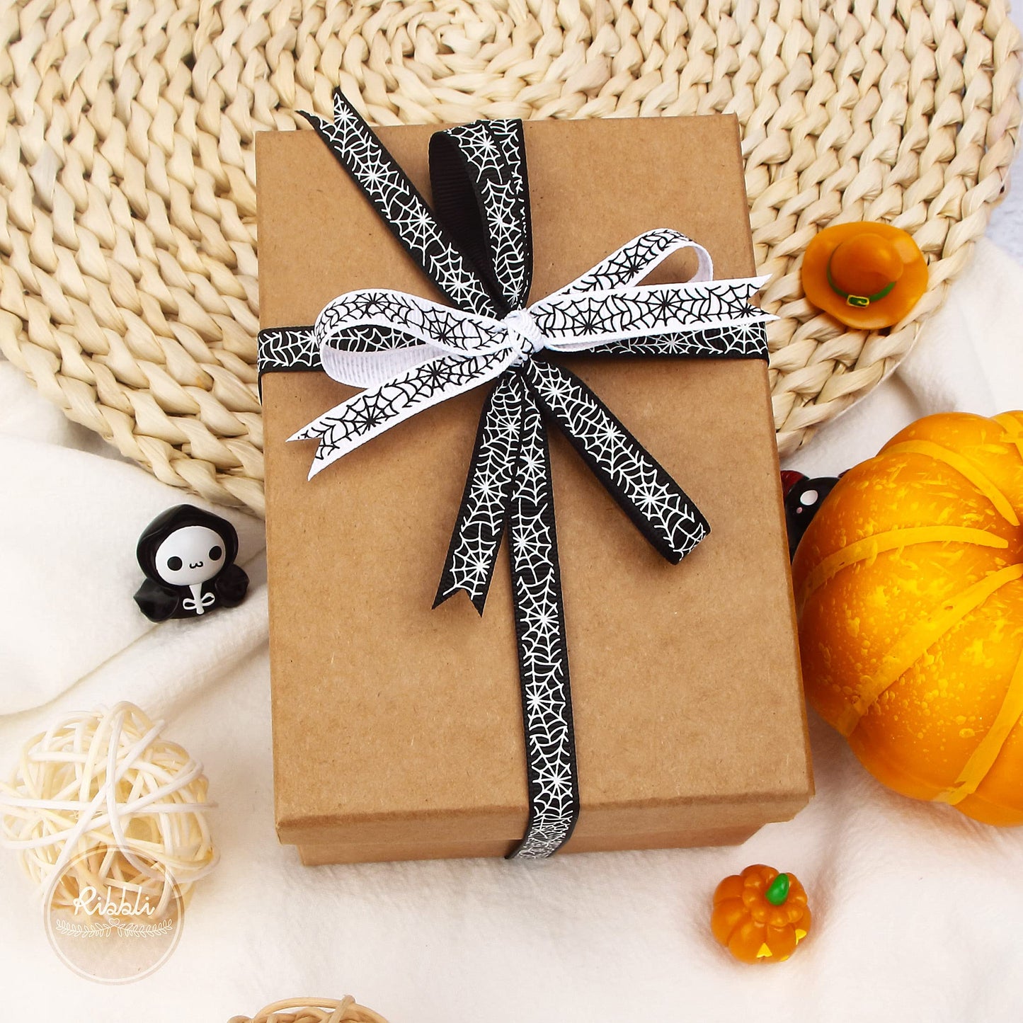 Ribbli 2 Rolls Halloween Grosgrain Ribbon,Spider Web Use for Craft,Halloween Wrapping,Home Decor,3/8 Inch Total 20 Yards,Black/White
