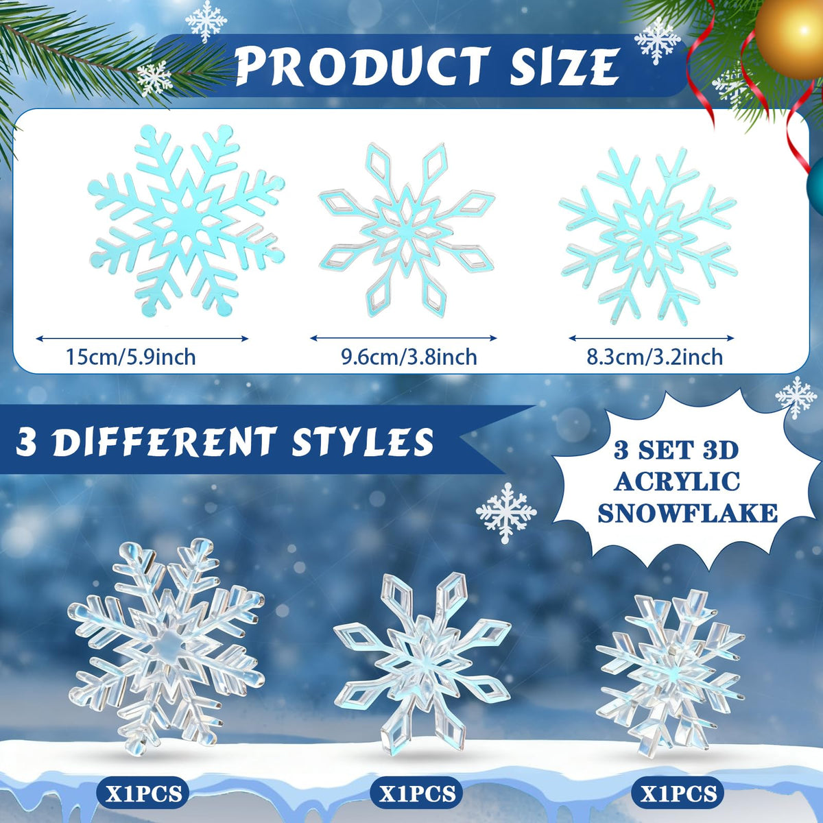 Fiwochic 3 Pcs Winter Iridescent Acrylic Snowflake Decorations 3D Acrylic Snowflake Table Signs Winter Centerpieces for Table Holiday Wedding New Year Party