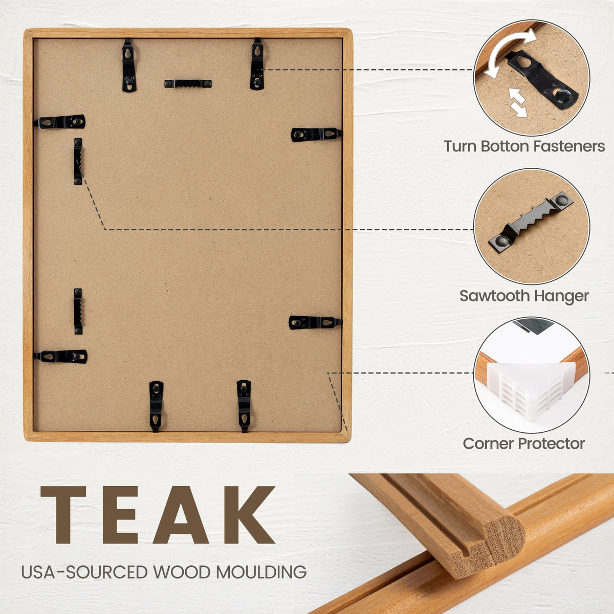 11x14 Picture Frame, USA-Sourced Natural Teak Wood Photo Frame with Tempered Glass, Handcrafted Rounded Corner 11 x 14 Wooden Frame Matted to 8x10 Photos, Hanging Hooks Included