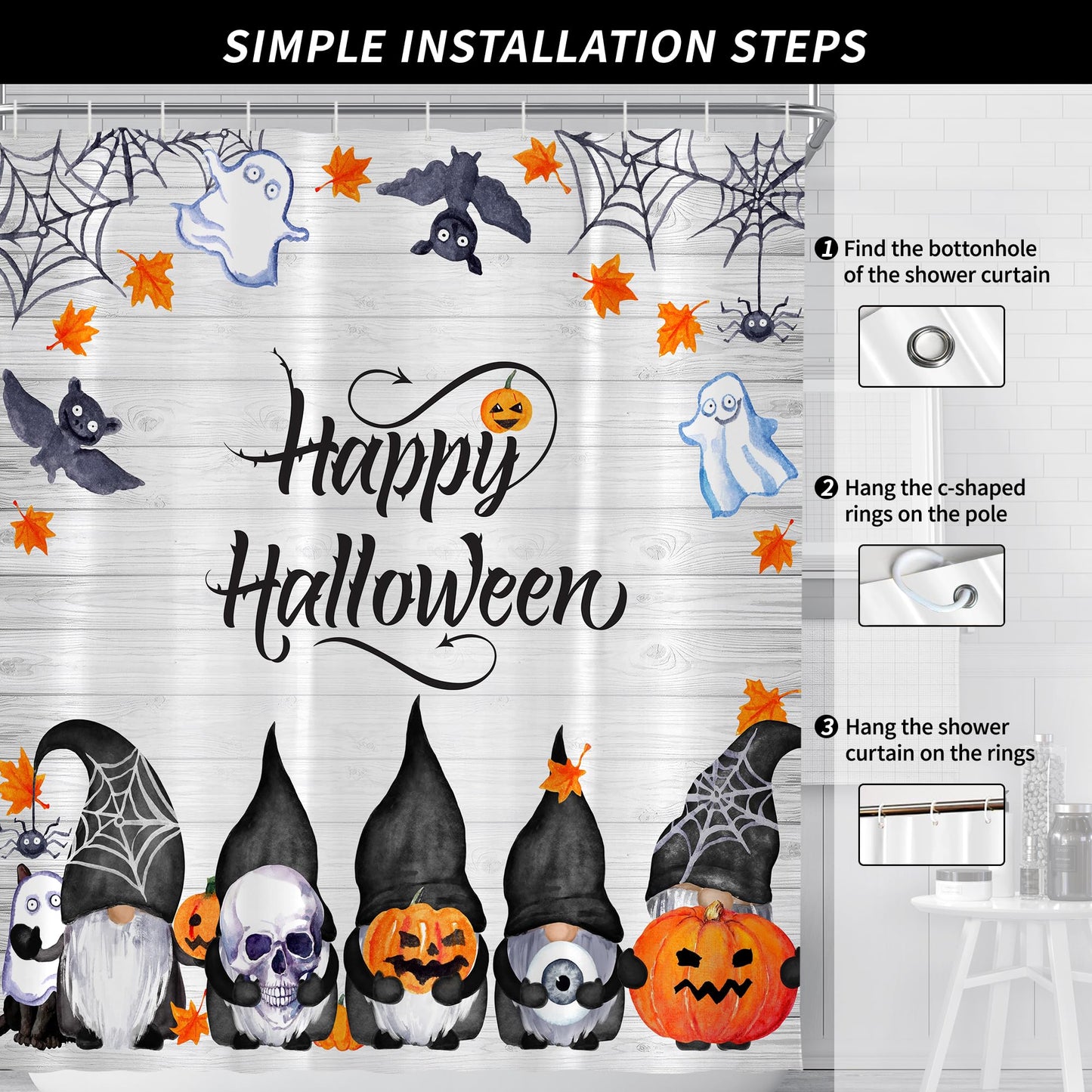 Visioun Halloween Cute Funny Gnomes Spooky Pumpkin Shower Curtain for Bathroom 72W*72H Inch Farmhouse Rustic Horror Bathtub Skull Ghost Maples Bat Decor Waterproof Polyester Fabric Set with 12 Hooks