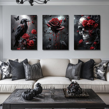 Hianan Horror Gothic Canvas Wall Art, Romance Raven Rose Halloween Wall Decor, Bloodthirst Goth Crow Rose Poster Prints, Dark Goth Skull Aesthetic Pictures for Bathroom Living Room Framed 12"x16"x3