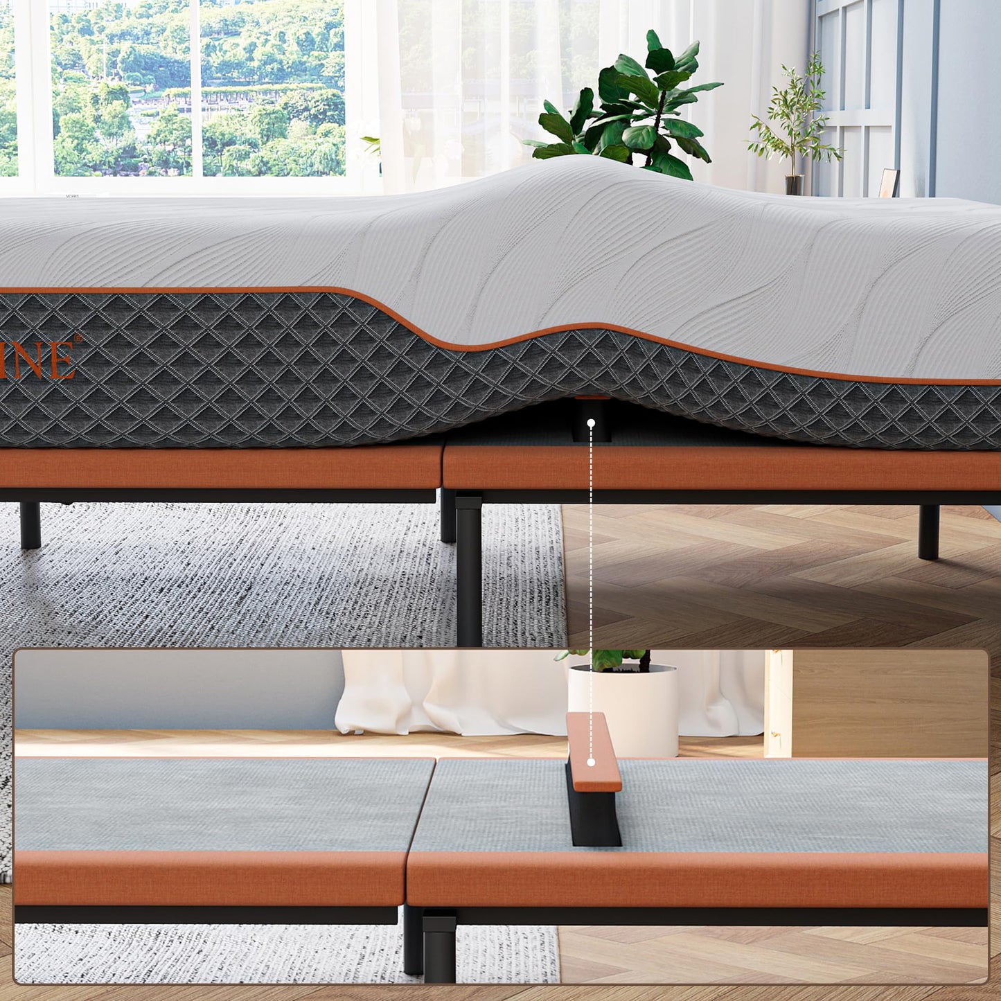 ESHINE Adjustable Bed Frame + 14 inch Hybrid Matt, Lumbar Support, Head-Pillow-Tillt, Smart App Control, Wireless Remote, Dual USB Port, 6000 Series, Split King
