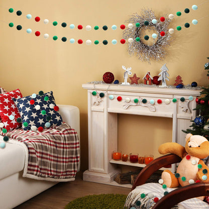 3 Pieces Christmas Felt Balls Garland Wool Pom Pom Garland Banner for Christmas Party Holiday Decoration(Red, White, Green, Lake Green, Dark Green)