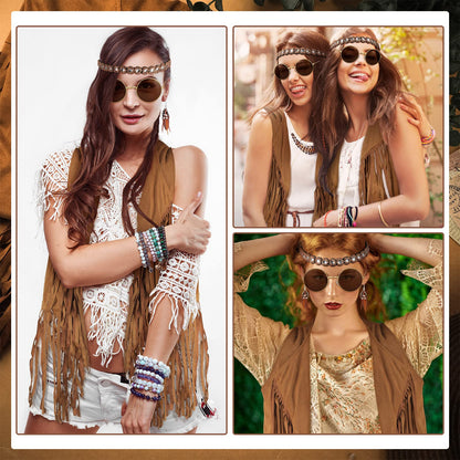 Leumoi 5 Pcs 60s 70s Costume for Women Disco Outfits Hippie Accessories Fringe Vest Boho Flared Pants Set for Halloween(XX-Large,Retro)