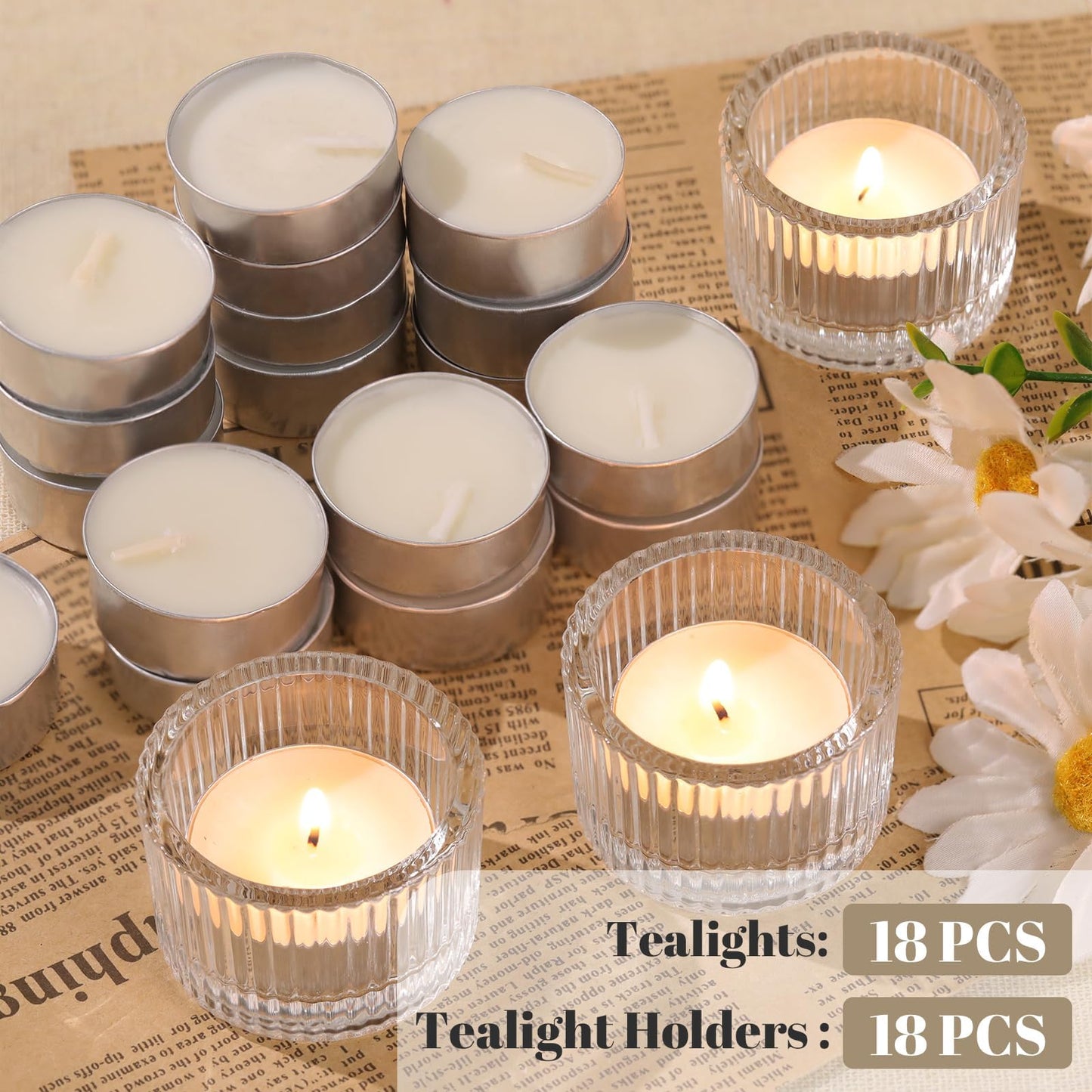 HAVITI 36 Pcs Clear Tealight Candle Holders with 36PCS Tea Lights Candles, Glass Votive Candle Holders Set for Table Centerpiece, Home Decor and Party Supplies