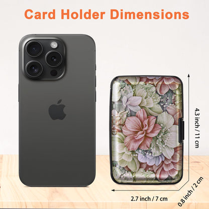 Mayski Credit Card Holder, RFID Blocking, Aluminum Alloy Hard Case, Small Mini Business Metal Wallet for Women Men, Happy Flower