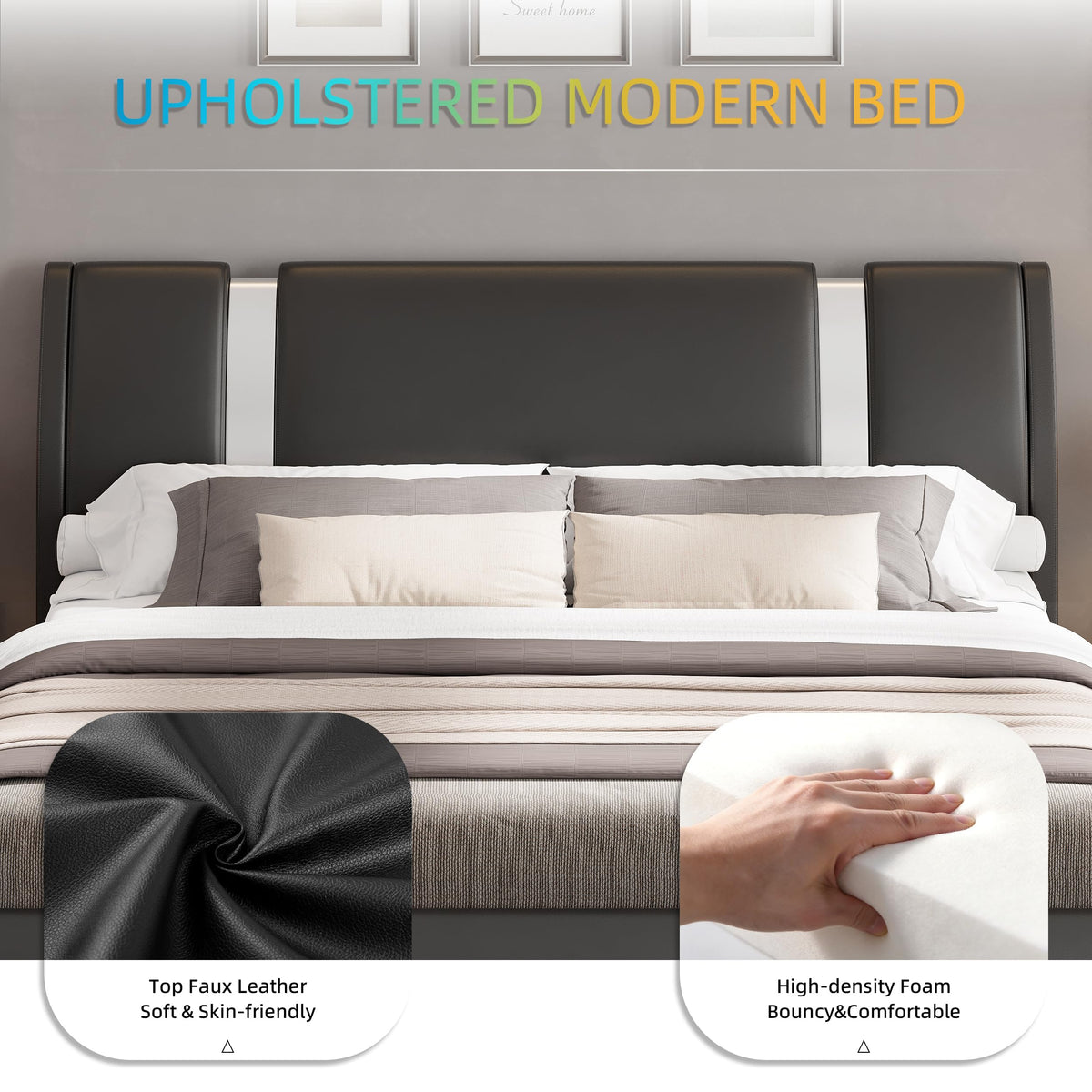Keyluv Modern Queen Size Bed Frame with Mirror Metal Decoration, Faux Leather Upholstered Platform Bed with Curved Headboard, Wooden Slats Support, No Box Spring Needed, Black